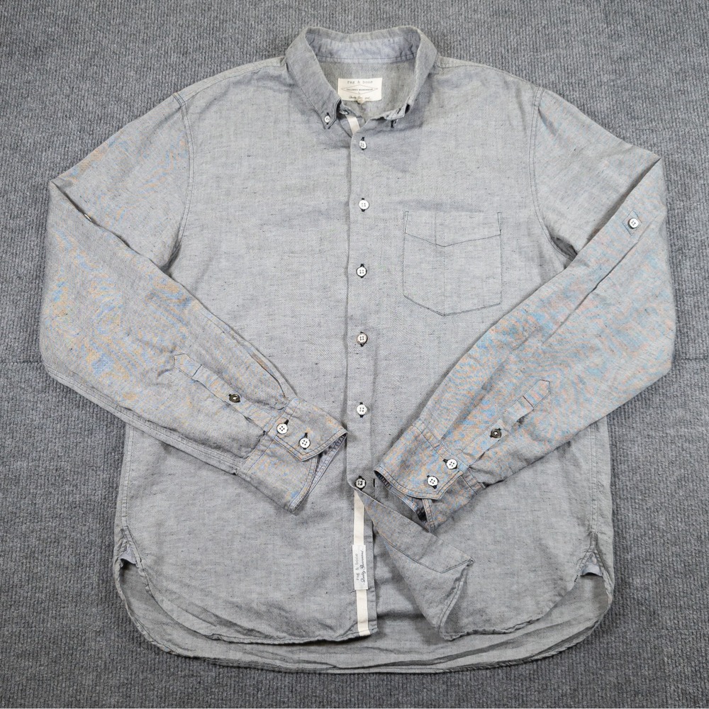 Rag & Bone Linen Shirt Mens L Heather Gray Roll Tab Long Sleeve Button Down